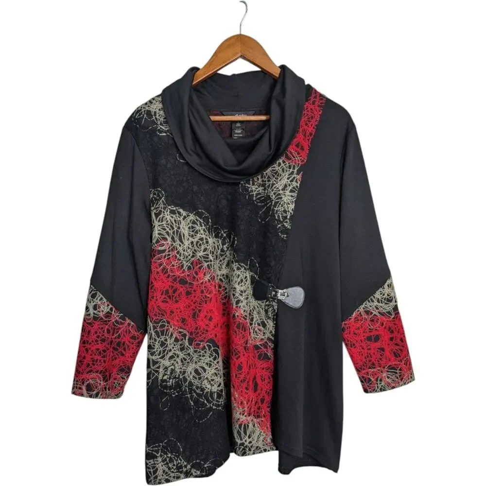 Ali Miles Tunic Top Large Cowl Neck Yarn Applique Textured Buckle Red Black Art